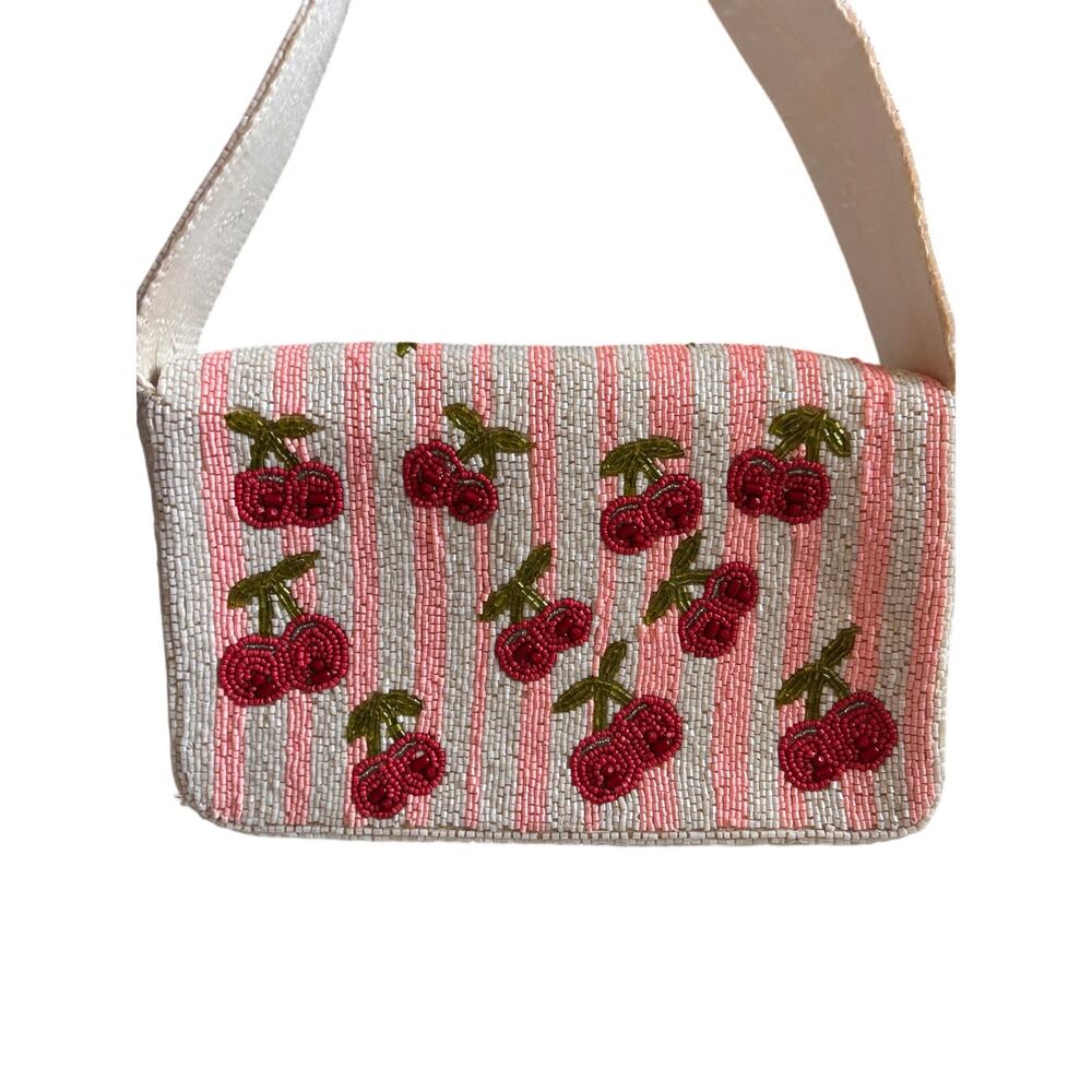 Seed beads cherry striped bag/purse cottagecore holidaycore - Picture 8 of 8